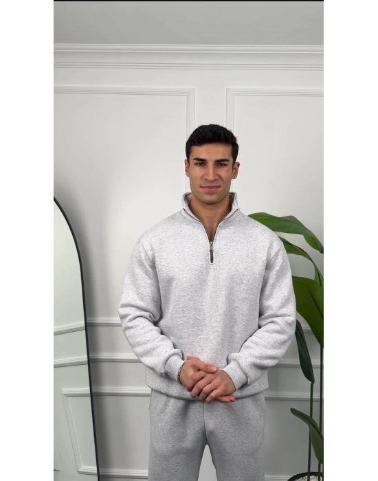 Erkek Gri Fermuar Yaka Sweatshirt