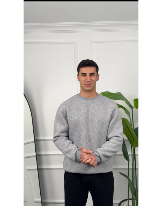 Erkek Gri Melanj Oversize Kollar Dar Kesim Basic Sweatshirt