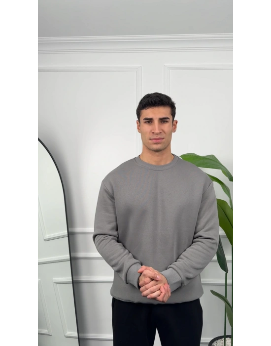 Erkek Gri Oversize Kollar Dar Kesim Basic Sweatshirt