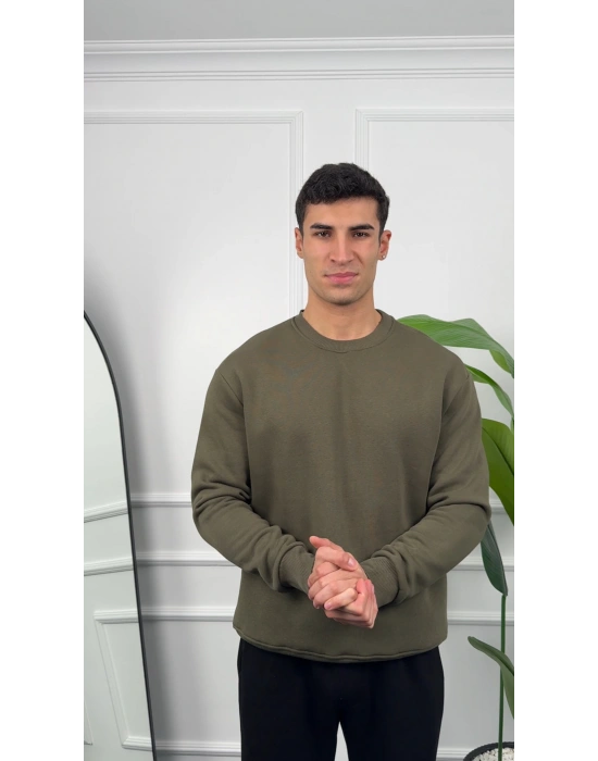 Erkek Haki Oversize Kollar Dar Kesim Basic Sweatshirt