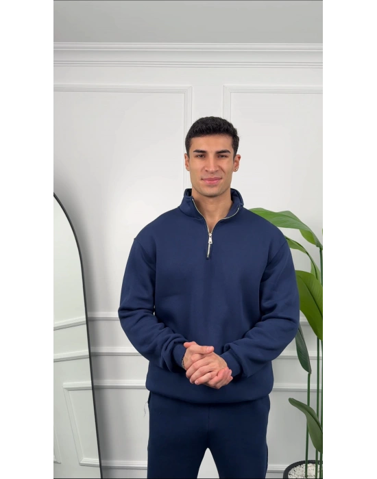 Erkek İndigo Fermuar Yaka Sweatshirt
