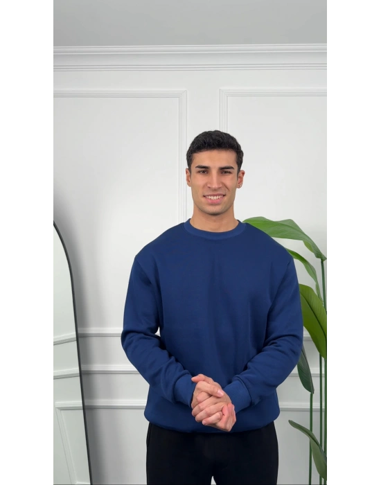 Erkek İndigo Oversize Kollar Dar Kesim Basic Sweatshirt