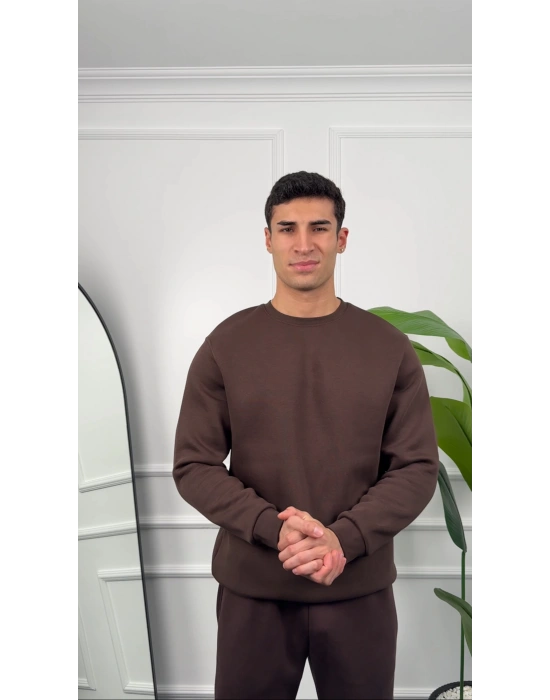 Erkek Kahverengi Oversize Kollar Dar Kesim Basic Sweatshirt