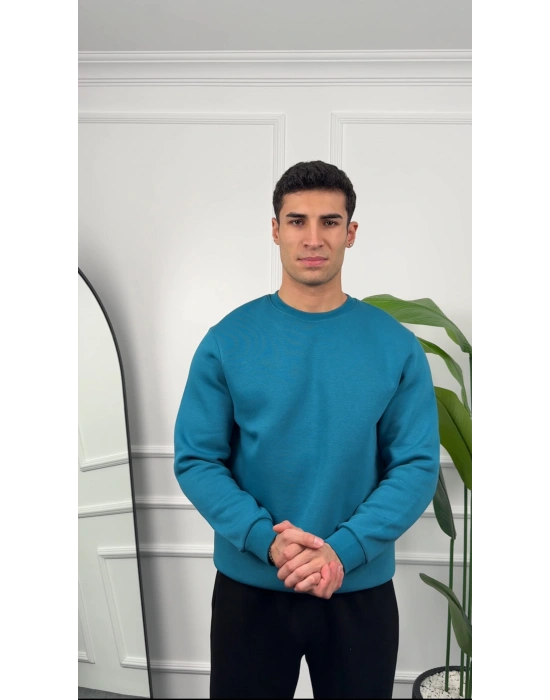 Erkek Petrol Oversize Kollar Dar Kesim Basic Sweatshirt