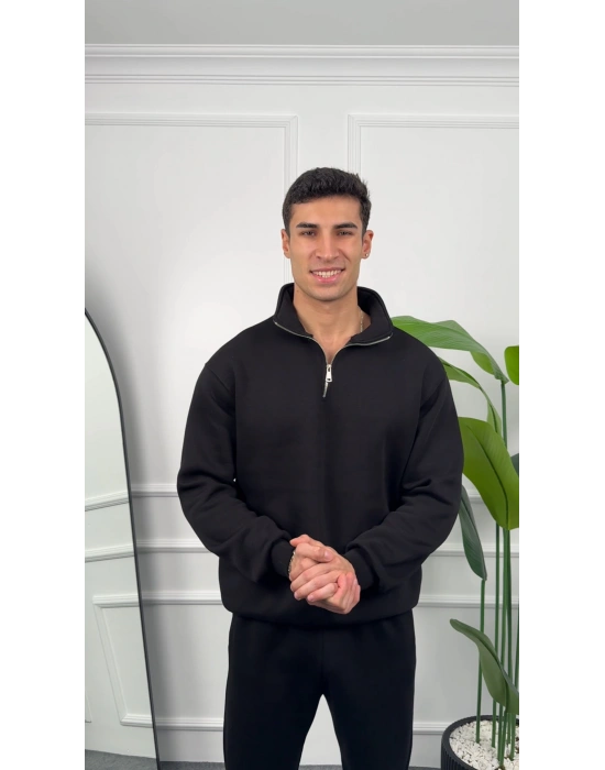 Erkek Siyah Fermuar Yaka Sweatshirt