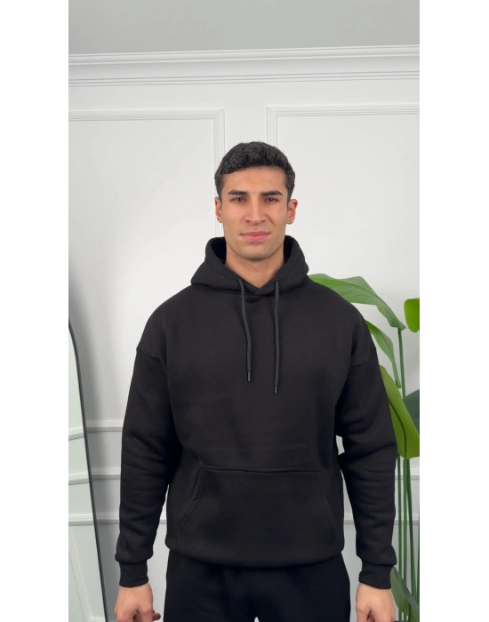 Erkek Siyah Kapüşonlu Hoodie Sweatshirt