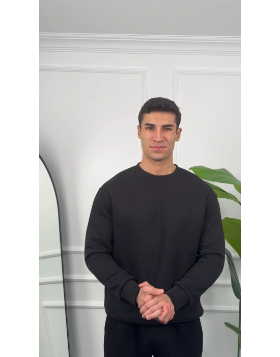 Erkek Siyah Oversize Kollar Dar Kesim Basic Sweatshirt