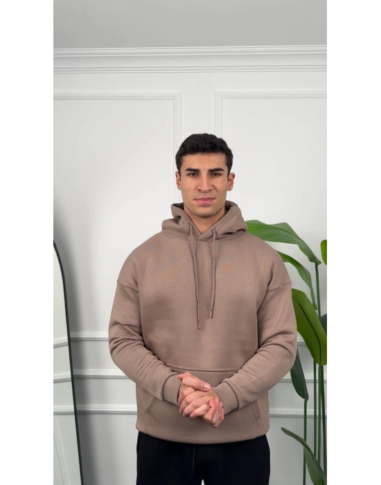Erkek Vizon Kapüşonlu Hoodie Sweatshirt