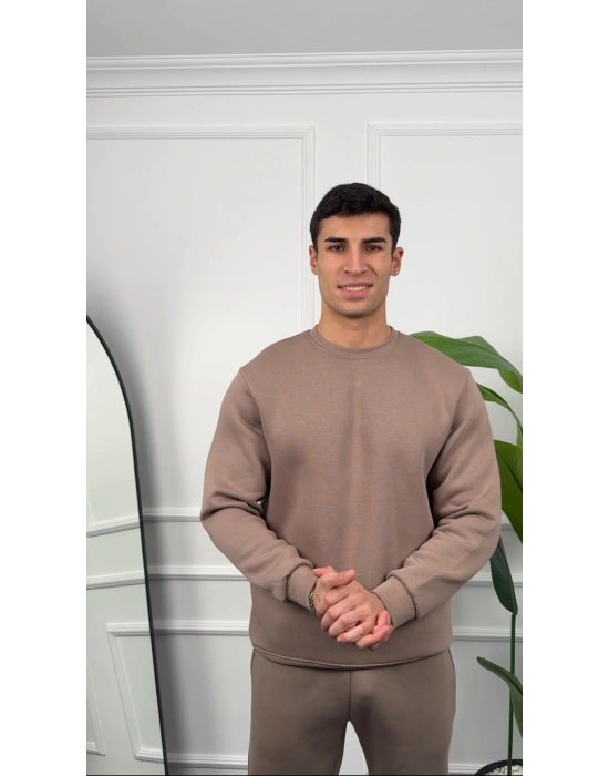 Erkek Vizon Oversize Kollar Dar Kesim Basic Sweatshirt