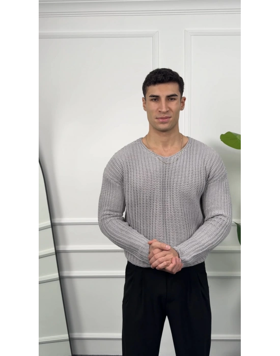 Kalın Gri Örme Triko Kazak
