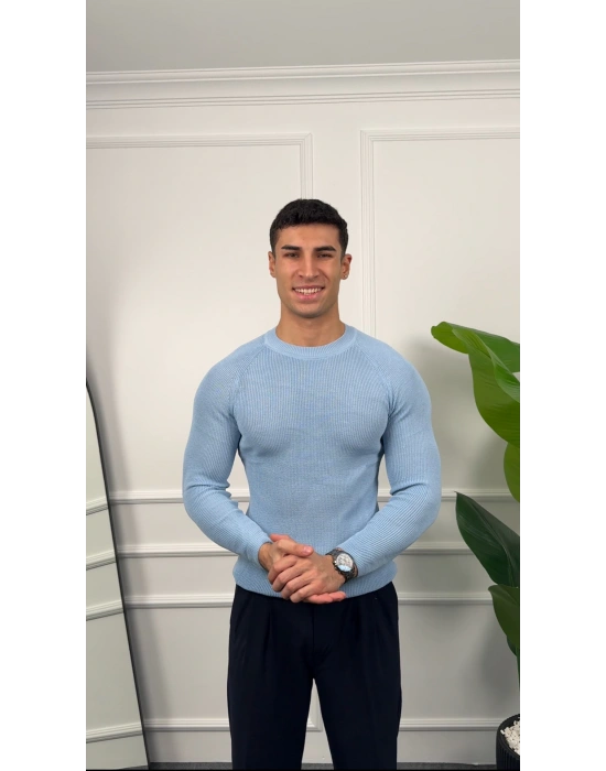 Omuz Detay Bebe Mavisi Slim Fit Kazak