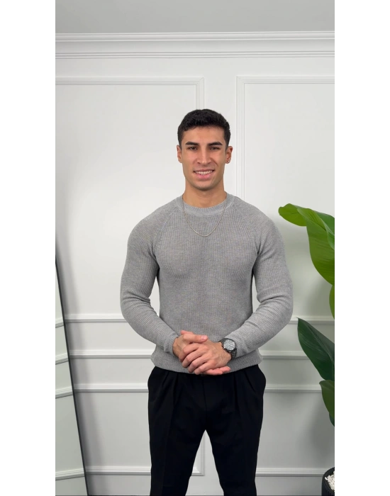 Omuz Detay Gri Slim Fit Kazak