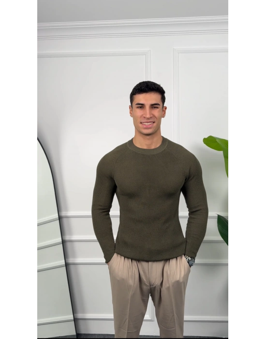 Omuz Detay Haki Slim Fit Kazak