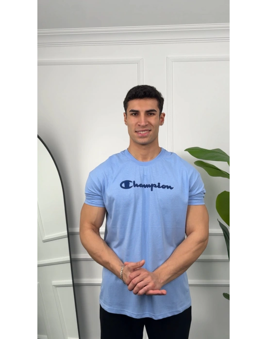 Oversize Bebe Mavisi Champion Baskılı Kollar Dar Kesim T-Shirt