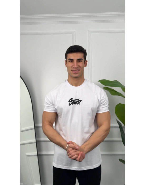 Oversize Beyaz Stwd Baskılı Kollar Dar Kesim T-Shirt