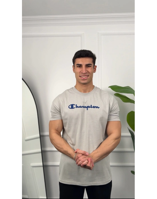 Oversize Gri Champion Baskılı Kollar Dar Kesim T-Shirt