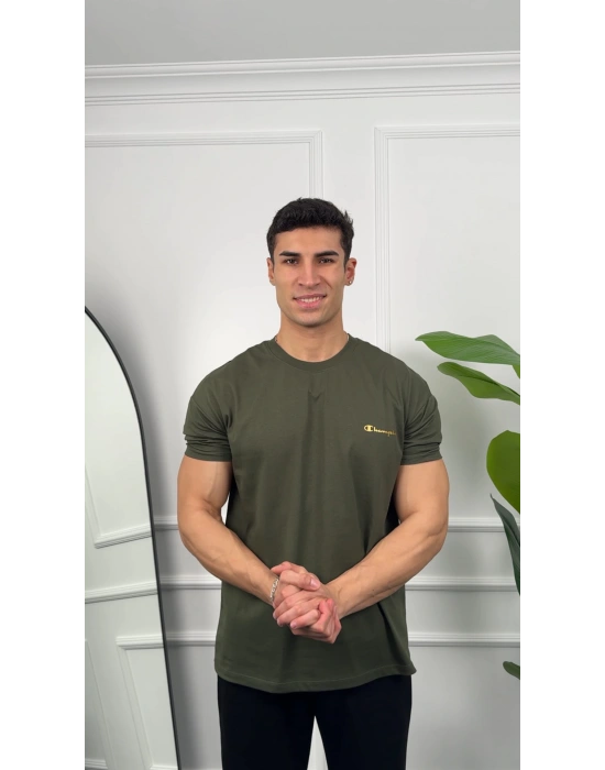 Oversize Haki Reflektör Champion Kollar Dar Kesim T-Shirt