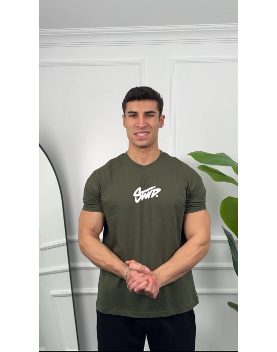 Oversize Haki Stwd Baskılı Kollar Dar Kesim T-Shirt