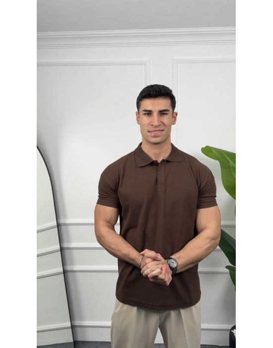 Oversize Kahve Polo Yaka Kollar Dar Kesim T-Shirt