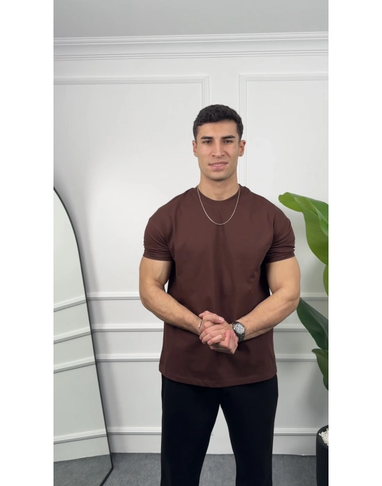 Oversize Kahverengi Kollar Dar Kesim T-Shirt