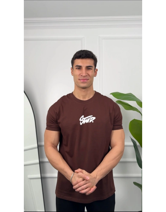 Oversize Kahverengi Stwd Baskılı Kollar Dar Kesim T-Shirt