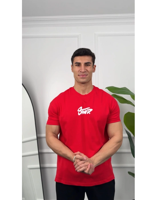 Oversize Kırmızı Stwd Baskılı Kollar Dar Kesim T-Shirt