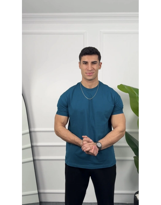 Oversize Petrol Kollar Dar Kesim T-Shirt