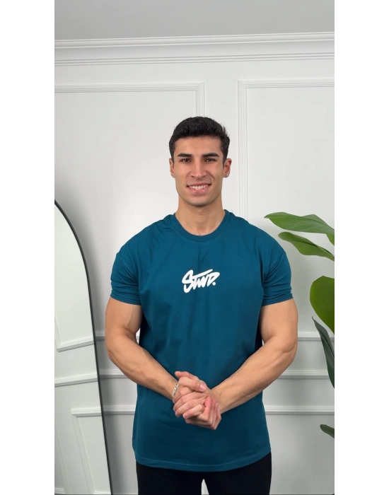Oversize Petrol Stwd Baskılı Kollar Dar Kesim T-Shirt