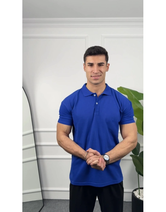 Oversize Saks Mavisi Polo Yaka Kollar Dar Kesim T-Shirt