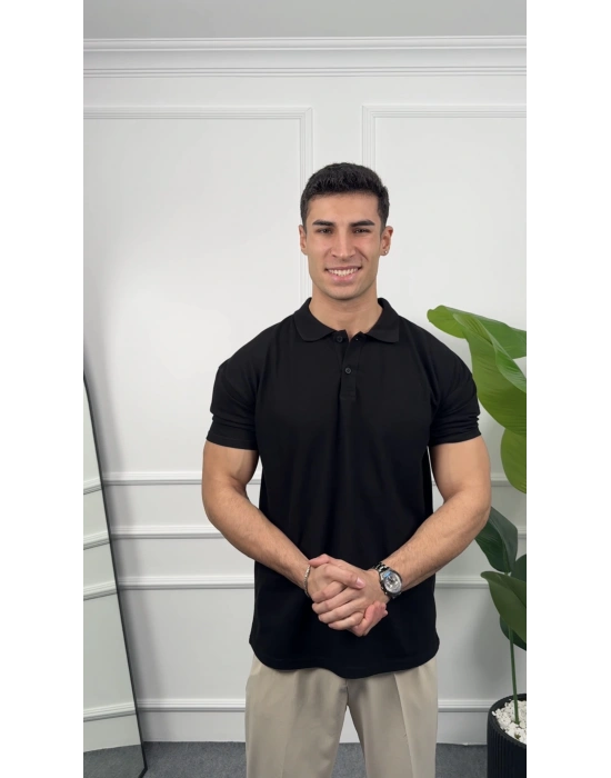 Oversize Siyah Polo Yaka Kollar Dar Kesim T-Shirt