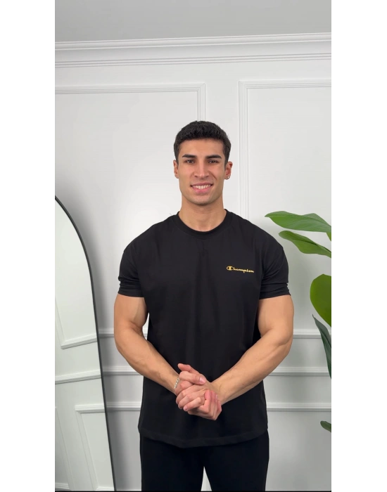 Oversize Siyah Reflektör Champion Kollar Dar Kesim T-Shirt