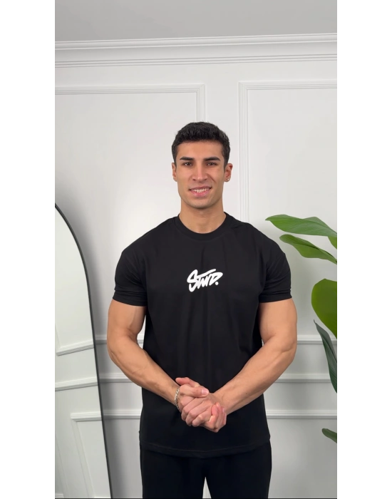 Oversize Siyah Stwd Baskılı Kollar Dar Kesim T-Shirt