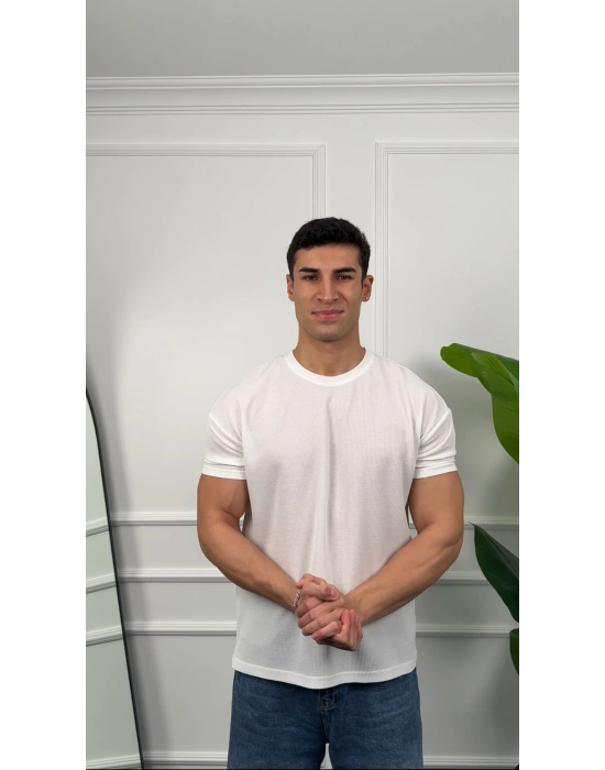 Oversize Waffle Kumaş Beyaz Kollar Dar Kesim T-Shirt