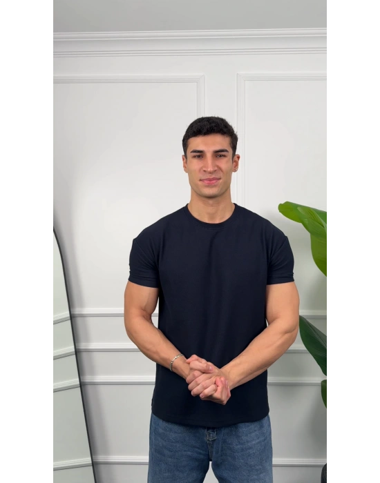 Oversize Waffle Kumaş Lacivert Kollar Dar Kesim T-Shirt