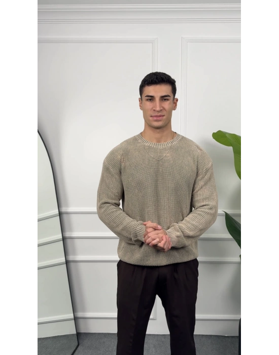 Oversize Yıkamalı Bej Kazak