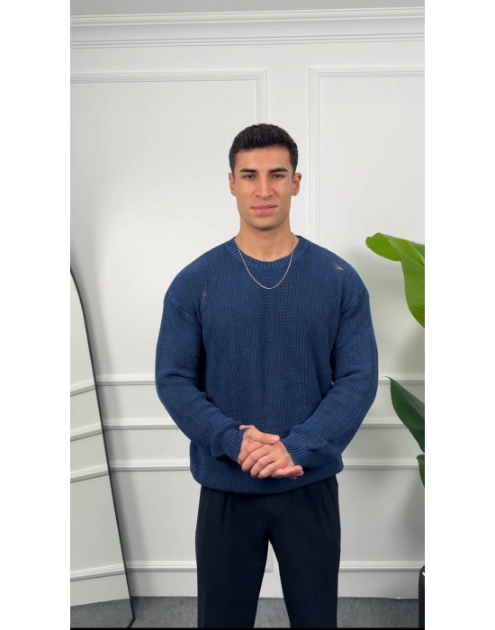 Oversize Yıkamalı İndigo Kazak