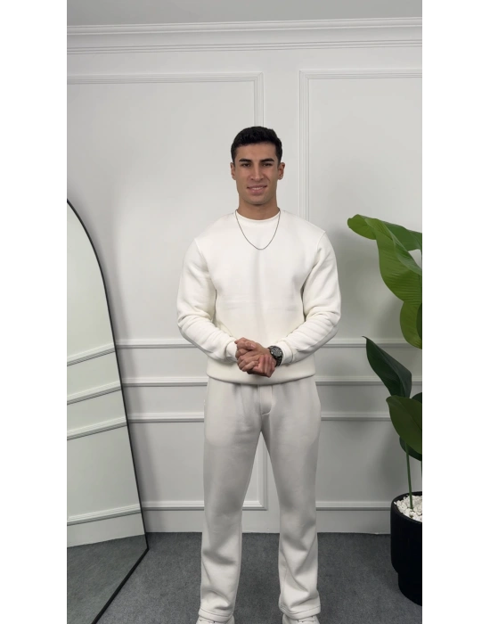 Üç İplik Beyaz Sweatshirt Takım