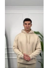 Erkek Bej Kapüşonlu Hoodie Sweatshirt