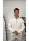 Erkek Beyaz Fermuar Yaka Sweatshirt