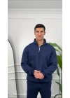 Erkek İndigo Fermuar Yaka Sweatshirt