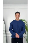 Erkek İndigo Oversize Kollar Dar Kesim Basic Sweatshirt