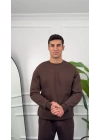 Erkek Kahverengi Oversize Kollar Dar Kesim Basic Sweatshirt