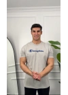 Oversize Gri Champion Baskılı Kollar Dar Kesim T-Shirt