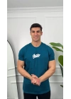 Oversize Petrol Stwd Baskılı Kollar Dar Kesim T-Shirt