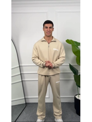 Baskılı Bej Yarım Fermuarlı Eşofman Takımı