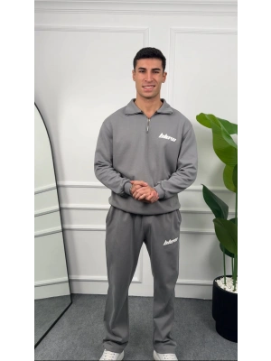 Baskılı Gri Yarım Fermuarlı Eşofman Takımı