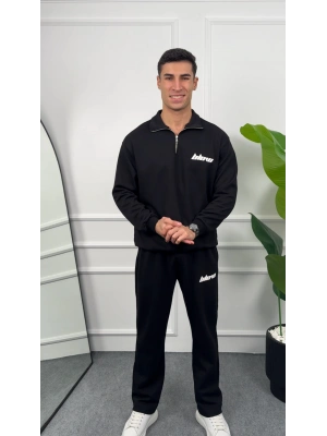 Baskılı Siyah Yarım Fermuarlı Eşofman Takımı