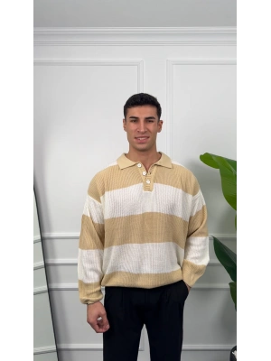 Çizgili Bej Polo Yaka Triko Kazak