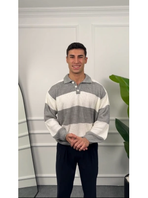 Çizgili Gri Polo Yaka Triko Kazak