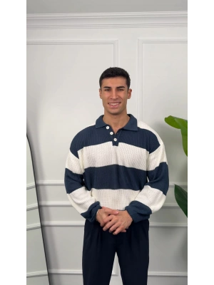 Çizgili İndigo Polo Yaka Triko Kazak
